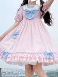 Japanese Sweet Girly Lolita Style Women Dress Fashion Cute Bow Puff Sleeve Cosplay Dresses Kawaii Girl Striped