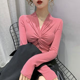 High Stretchy Tee Women's Full Sleeve Criss-Cross V-neck Tshirt Soft Sheath T-shirts Tops for