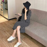 Women Short Sleeve Dress Striped Straight Slim Loose Wide Waist All-match 3XL Side-slit Daily Casual Korean Fashion Office
