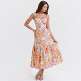 Summer Blue Midi Floral Print Holiday Dress Elegant Spaghetti Strap Full Skirt Go Out Party Dresses Women Dress