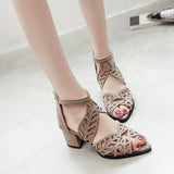 Zingj Spring And Summer Korean Version Of The Heel Fish Mouth Hollow Sandals Women Zipper Thick Heel Rhinestone Women's Shoes Plus Size- Outfit