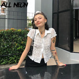 Y2K Streetwear Ruched Lace Crop Tops 2000s Vintage Ruffles Short Sleeve White T-shirts Single-breasted Sexy Outfits