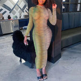 Women Fashion Autumn Long Sleeve Gradient See Through Bodycon Printed Green Long Dress 2021 Fall Clothes Wholesale