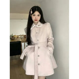 Hot Girl Pink Medium Length Woolen Coat for Women's Autumn and Winter Slim Fit Lace-up Woolen Coat Fashion Female