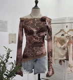 Real Shooting Lace Splicing Oblique Shoulder Thin Tie-Dye Mesh T-Shirt Girl T-Shirt T-Shirt Shawl T-Shirt