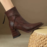 Brown Soft Leather Thick Heel Short Boots Female 2025 New High-Heel Martin Boots British Style Small Square Head Thin
