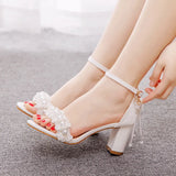 Cm Square With Thick Heel Shallow Mouth With Sandals Beaded Essee Flowers Wedding Dress Shooting High Heels