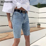 Casual Stretch High Waist Blue Destroy Ripped Denim Shorts Women Pockets Tassel Midi Shorts Jeans for Women 2020