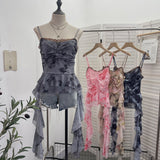 Real Shooting Atmosphere Feels A Mesh Yarn-Print Sling Vest Irregular Ribbon Splicing Lace Sleeveless Top