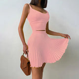 Summer Fashion Two Pieces Sexy Square Neck Crop Top & Pleated Skirt Sets Women Tank Tops Mini Dress Daily Wear
