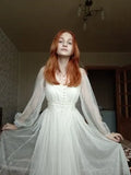 Size Elegant Button A-Line Vestidos White Dress Women 2022 autumn Puff Sleeve Empire V-Neck Lace Voile Mesh Dresses