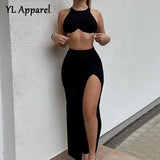 Summer Sexy Two Piece Set High Split Vest Dress Fashion Woman Black White Off Shoulder Tight Evening Party Long