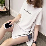 size WONDERFUL DAY Print Long T shirts Summer Women Loose Slit Femme Tops Cotton Tshirt Short sleeve Ladies
