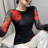 S-3XL Girls Fixed Printing Mesh T-Shirts Tees Female Full Sleeve O Neck Stretchy Tshirt Black Tops Women 2023