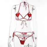 Heart Bra Set Women Halter Embroidery Hollow Out Lingerie Two Pieces Set G String Thong Panties Outfits Red