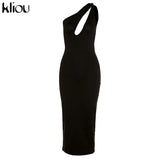 Cut Out Sexy Midnight Clubwear Maxi Dresses Solid One Shoulder Birthday Outfit For Women Slim Bodycon Party