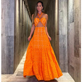 Solid Hollow Lace Women Dress Halter Strapless Sleeveless Naked Waist Sexy Long Dress Chic Evening Party Female