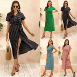 2021 Summer Fashion Sexy V Neck Short Sleeve Women's Split Dress Bohemia Casual Belt Empire Polka Dot Print Ladies