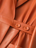 Spring Autumn Long Orange Soft Faux Leather Coat Women Pockets Elegant Stylish Luxury Designer Clothes New Arrival