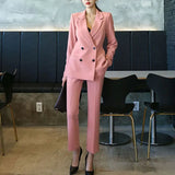 2 Piece Set Women Blazer Set Double-Breasted Slim Jacket Pants Suit Office Ladies Work Female