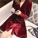Sleeve Dress Women Button V-neck Solid Casual Female Korean Style Elegant Simple Sexy Mini Autumn Popular Fashion