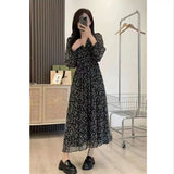 Zingj Chiffon Floral Long-Sleeved Dress Female 2024 Summer New Feeling Waist Show Thin Black Long Skirt-Outfit