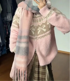 Pink Jacquard Bow Knitted Cardigan- Outfit