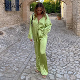 2021 Tracksuit Satin Women Long Sleeve Top Shirts And High Waist Pants Elegant Casual Two Piece Sets Green Party