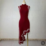 Asymmetrical Wavy Hem Round Collar Knit Midi Dress-Outfit