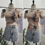 Single-Layer Thin Mesh Tie-Dye-Repair Short-Sleeved T-Shirt For Girls Summer Short-Sleeved Hottie Top