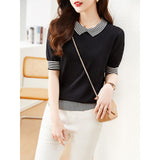 Photo Doll Collar Jacket Female Summer Ice Silk Short-Sleeve T-Shirt False Two Striped Knit Half Sleeve Small