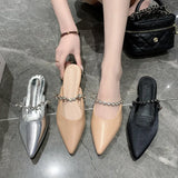 Baotou Half Slipper Female 2025 Pointed Flat Bottom Rhinestone Chain Silver Muller Shoes Wear Cool