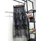 Embroidered Mesh Skirt Emale Spring Long Fairy Skirt Elastic Wasit A Line Flower Women Pleated Skirt Party