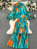 American Fashion Senior Suits Bow Collar Batwing Sleeve Top+Pleated Long Pant 2023 Women Casual Loose Printed