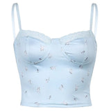 Floral Print Sleeveless Spaghetti Strap Top Summer Sexy Lace Backless Crop Tops Tees Women 90s Milkmaid Cami