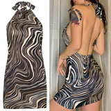 V Neck Print Sexy Backless Bodycon Dress Party Sleeveless Summer Halter Mini Dresses Women Fashion Streetwear