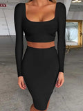 Dress Sets Autumn Winter 2021 Women Sexy Long Sleeve Crop Top And Bodycon Skirt Two Piece Set Lilac Club Party