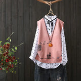 Embroidery V-neck Knitted Sweater Vest Female Literary Fan Loose Sleeveless Cartoon Pattern Sweater Vest Women