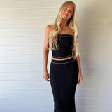 Summer Women Dress Set Strapless Crop Top And Midi Skirt Two Pieces Sets Y2K Elegant Beach Dress Party Outfits