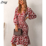 PETAL Plunge Neck Midi Dress For Woman Red Floral Sexy Long Sleeve Bodycon Smocked Dress 2023 Summer Female