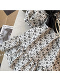 Women Vestidos Elegant Chic Puff Sleeve Flower Print Mini Dress Female Retro Sweet Bow Decorate A-line Princess Dress