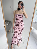 Summer Dress Women 2023 Elegant Fashion Beach Vacation Rave Outfits Sexy Backless Lace Up Floral Print Mesh