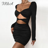 2021 Black Long Sleeve Bodycon Dress Hollow Out Mini Autumn Winter Red Bandage Sexy V Neck Women Party