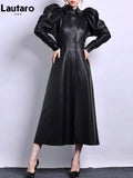 Spring Autumn Long Luxury Elegant Retro Black Soft Pu Leather Trench Coat for Women Puff Sleeve Runway Fashion