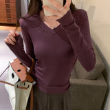 V-Collar Slim Wrinkle Waist Long-Sleeved T-Shirt Women's Autumn And Winter New Plush Plush Bottomed