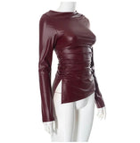 Faux Leather Long Sleeve Ruched Top- Outfit