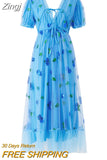 Women Party Long Dress Short Sleeve V Neck Tie-up Front High Waist Fruit Sequins Ruffle Tulle Hem Princess Dress