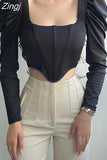 Elegant Women Party Crop Top Square Collar Puff Sleeve Autumn Corset Tops Slim Female Sexy Velevt Cropped Tops