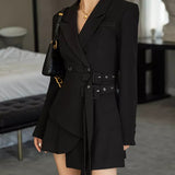 Party Blazer Dress Women Korean One-piece Office Lady Elegant Dress Chic Sashes Design Long Sleeve Clothes Winter 2023
