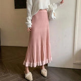 Pleated Patchwork Mid-length A-line Knitted Skirt- Outfit